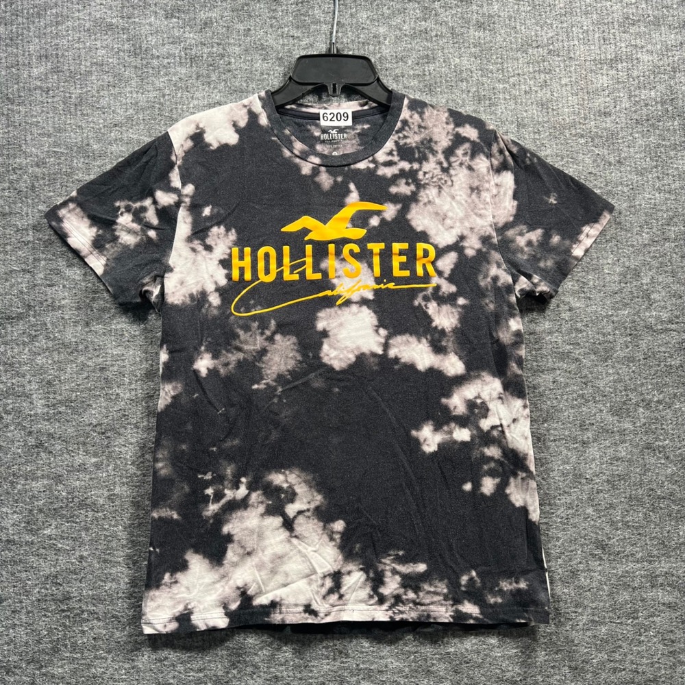 Hollister California Tie Dye Graphic T-Shirt Mens Medium Black Yellow Logo